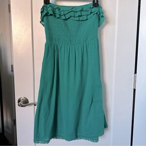 Anthropologie Gossamer Waves Dress Teal Strapless Ruffles Smocked Bodice Pockets